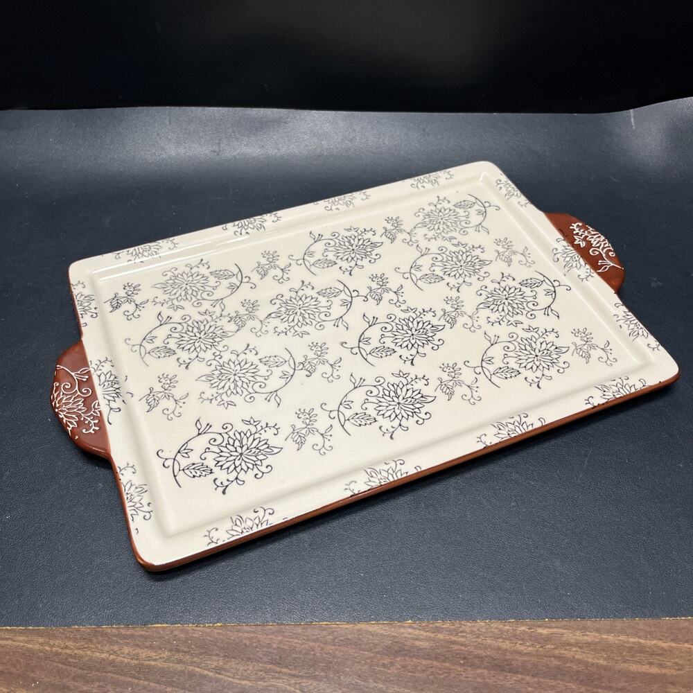 Baum Black & Cream Floral Ceramic 14” Serving Platter With Handles